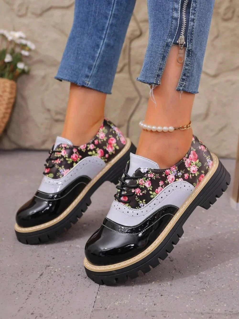 Black Preppy Women's Floral Patchwork Buckle Faux Leather Platform Penny Loafers